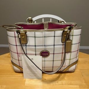 Like new genuine COACH purse. Beige with multicolor plaid print. Open to offers.